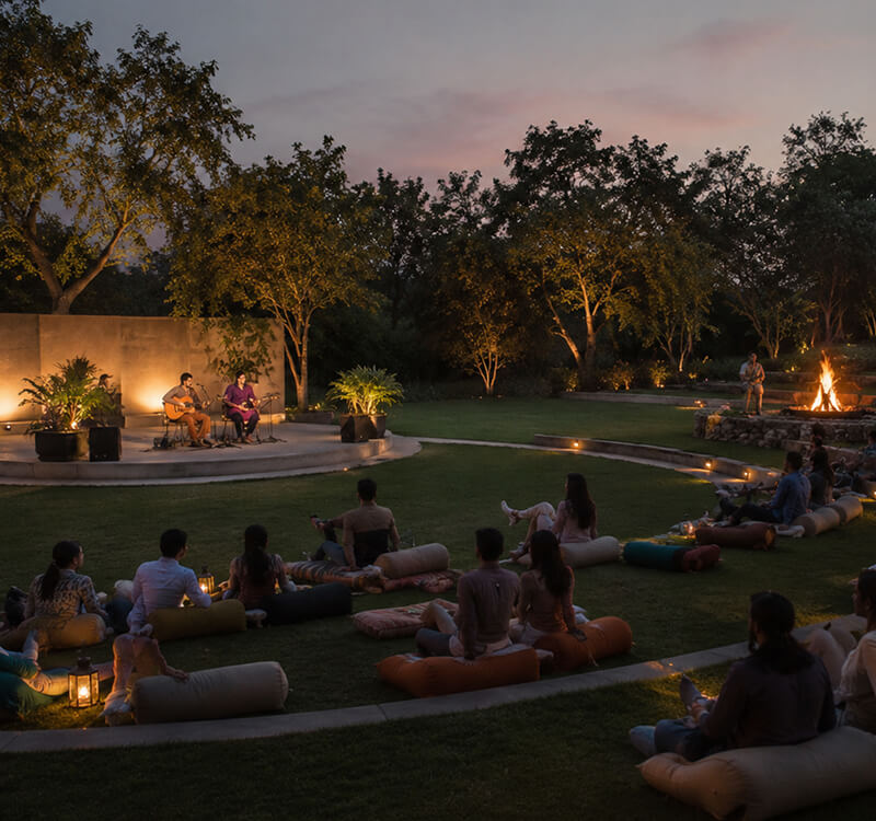Open-air amphitheatre at Blanket Riverside Resort, Munnar — cultural events and bonfire gatherings