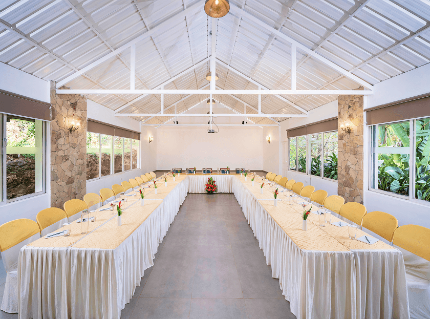 Conference hall seating at Blanket Riverside Resort, Munnar
